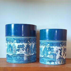 Two Vintage Japan Willow Tin Containers In Blue and White
